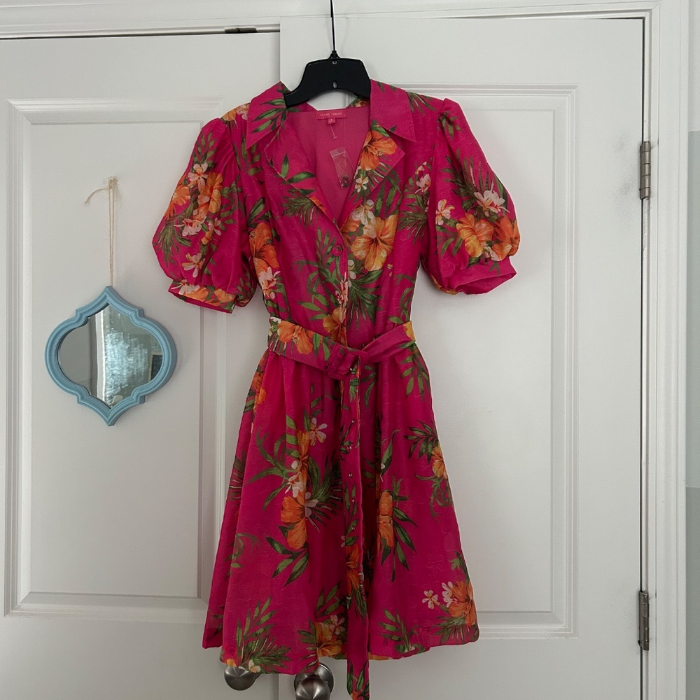 Flying Tomato Pink Floral Puff Sleeve + Belt Dress - Size Small NWOT